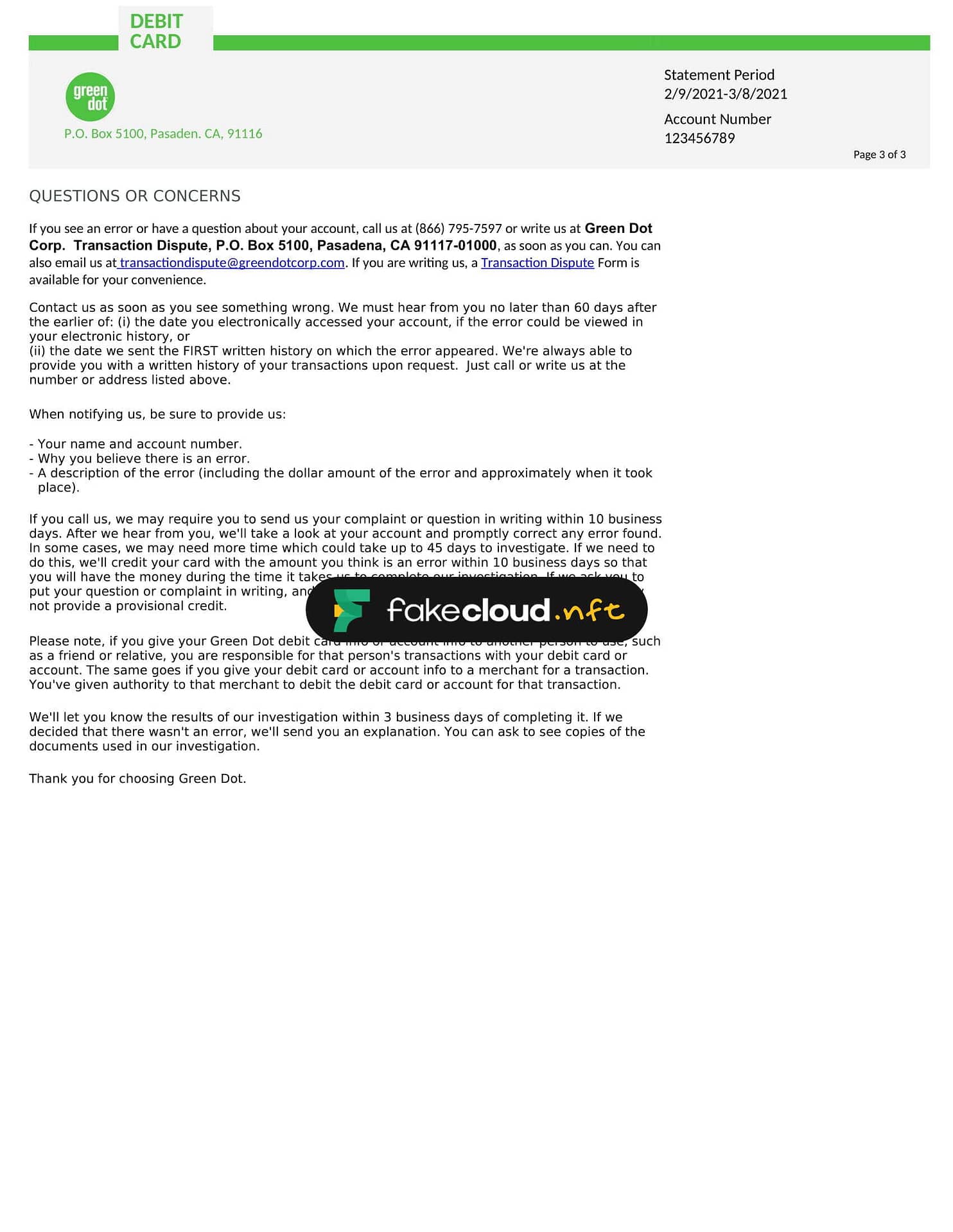 Green Dot Editable Word Bank Statement FakeCloud 3 0