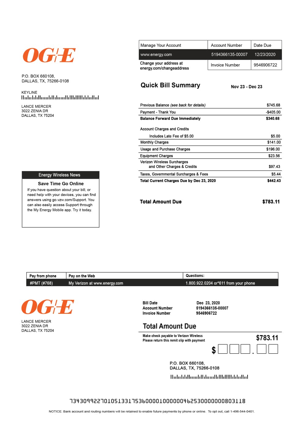 OG&E Electric Services; Oklahoma Utility Bill Template - FakeCloud 4.0